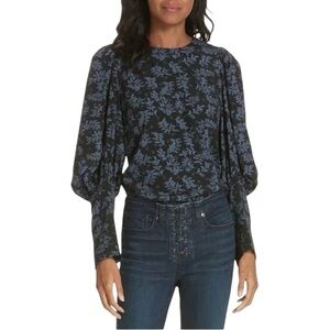 Veronica Beard Clarke Silk Blouse 6 Puff Sleeve Floral Back Button Romantic